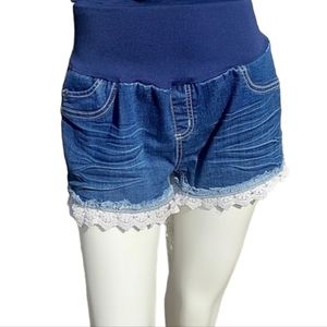 Bella Vita Denim Lace Crochet Hem Maternity Shorts